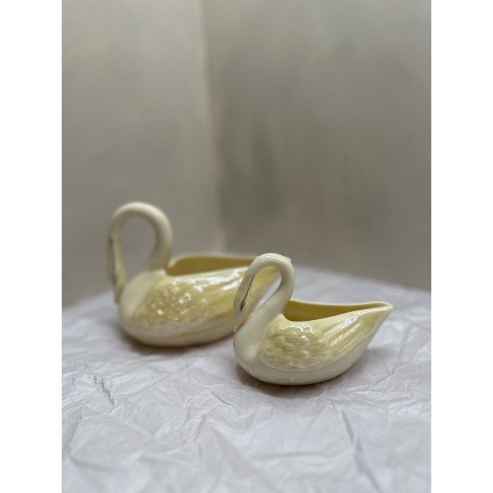 vintage belleek porcelain swan planter Ivory luster made in Ireland w/ stamp s/2